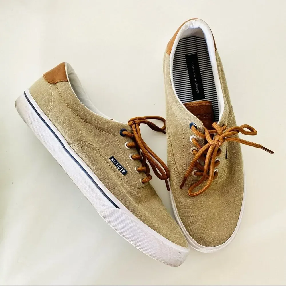 TOMMY HILFIGER Khaki Tan Brown Canvas Leather Lace Up Sneakers Boat Shoes 10.5